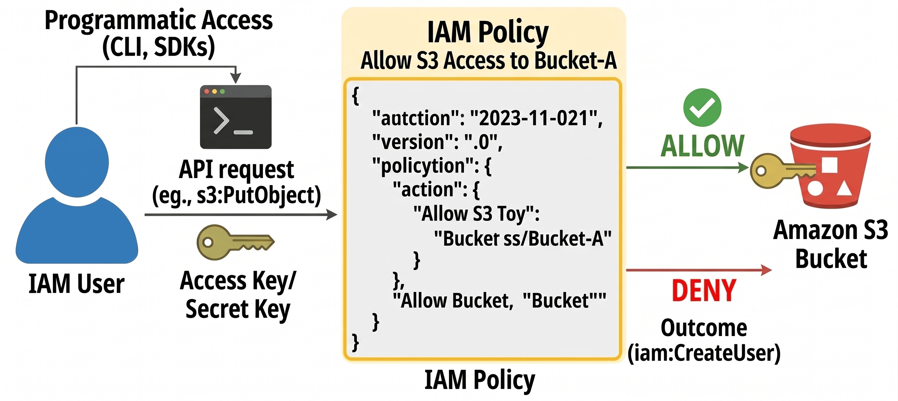 IAM Policy evaluation flow diagram showing how an IAM user making an API request through programmatic access with access key and secret key is evaluated against an IAM policy document that either allows or denies the action on an Amazon S3 bucket